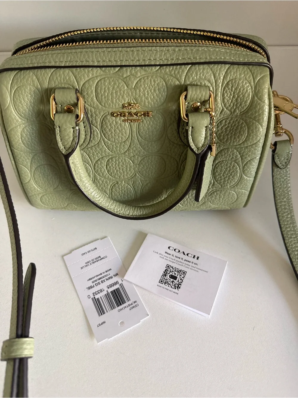 Coach Signature Mini Rowan Embossed Leather Satchel in Light Green